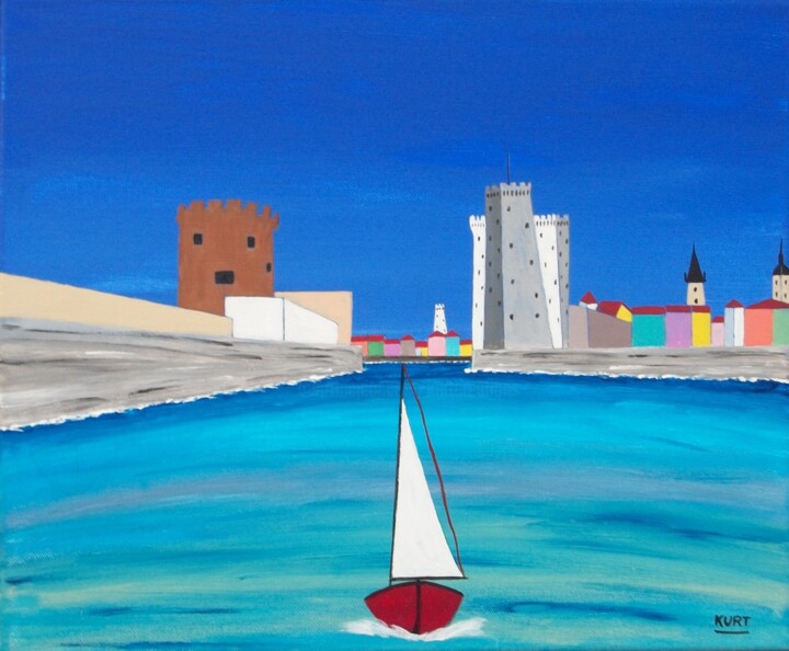 Painting titled "Tableau Naif Port d…" by Didier Dordeins, Original Artwork, Acrylic Mounted on Wood Stretcher frame