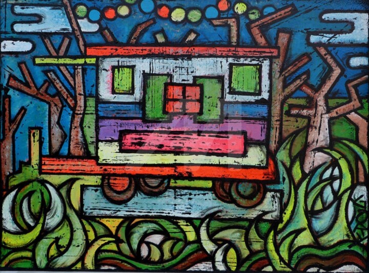 Peinture intitulée "La roulotte" par Gary, Œuvre d'art originale, Acrylique