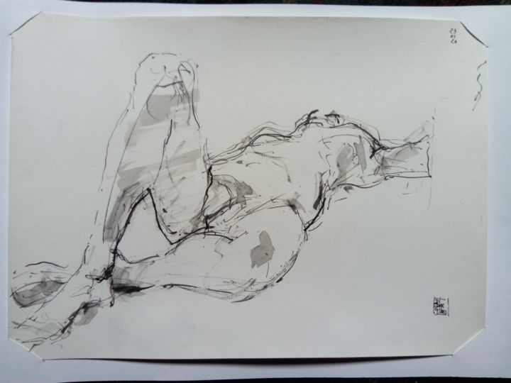 Drawing titled "Nu homme" by Didier Gilliers, Original Artwork, Ink