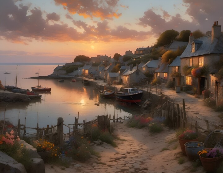 Digital Arts titled "Fishing village" by Didier Pistol, Original Artwork, AI generated image