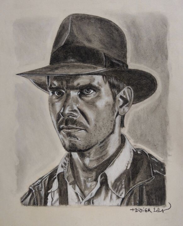 Drawing titled "Indiana Jones - Har…" by Didier Plouviez, Original Artwork, Charcoal