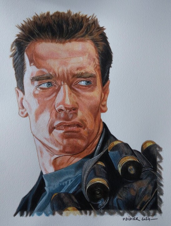 Schilderij getiteld "Terminator 2 -Arnol…" door Didier Plouviez, Origineel Kunstwerk, Aquarel