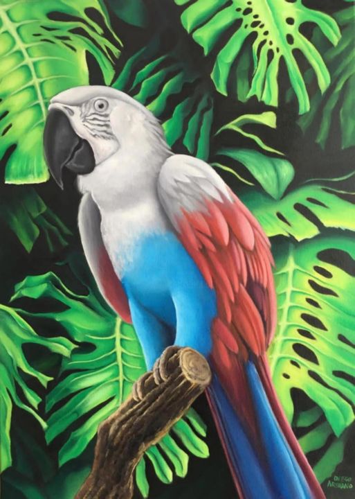 Painting titled "macaw" by Diego Alberto Arellano Fajardo, Original Artwork, Oil Mounted on Wood Stretcher frame