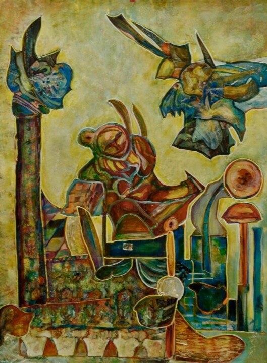 Malerei mit dem Titel "gestörte Siesta" von Dieter Stockmann, Original-Kunstwerk, Acryl