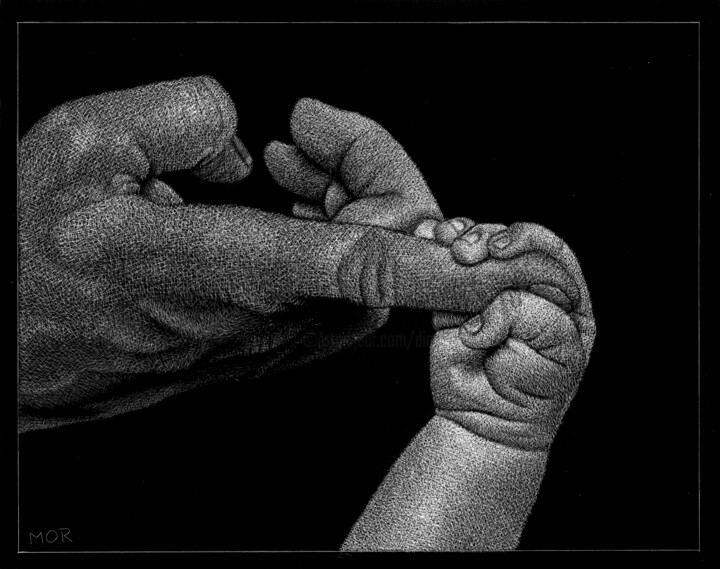 Disegno intitolato "Lend Me A Hand" da Dietrich Moravec, Opera d'arte originale, Scratchboard