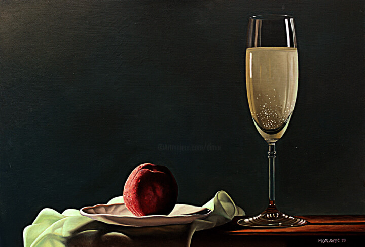 「Peach And Champagne」というタイトルの絵画 Dietrich Moravecによって, オリジナルのアートワーク, オイル