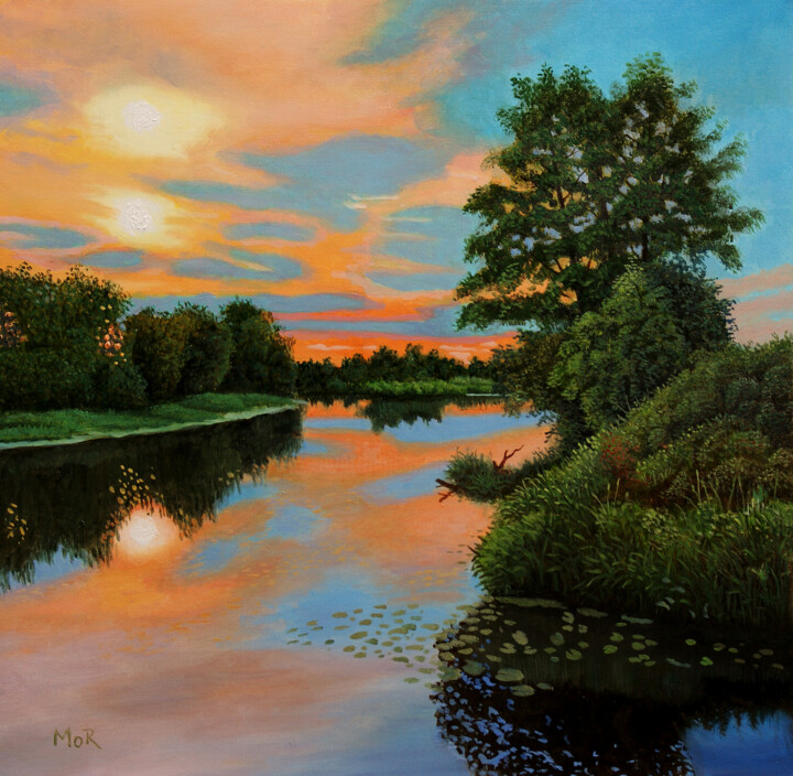 Peinture intitulée "Sunset on the River" par Dietrich Moravec, Œuvre d'art originale, Acrylique