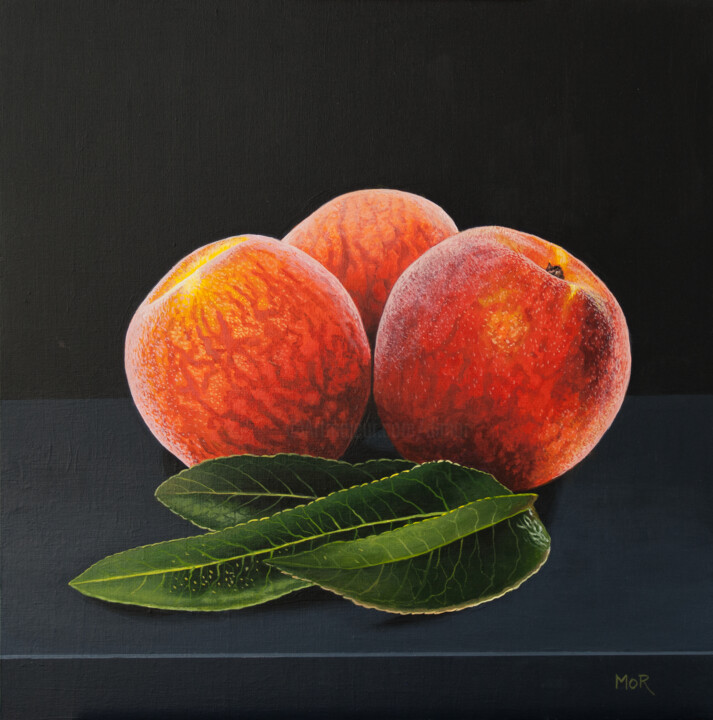 Картина под названием "Peaches and Leaves" - Dietrich Moravec, Подлинное произведение искусства, Акрил Установлен на Деревян…