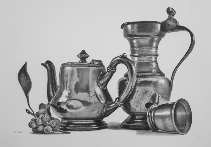 Drawing titled "Pewter and Berries" by Dietrich Moravec, Original Artwork, Pencil