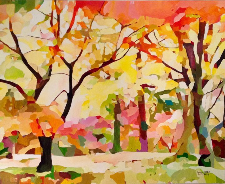 Painting titled "Automne" by Francis Diez, Original Artwork, Oil Mounted on Wood Stretcher frame