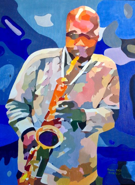 Painting titled ""Jazz"" by Francis Diez, Original Artwork, Oil Mounted on Wood Stretcher frame