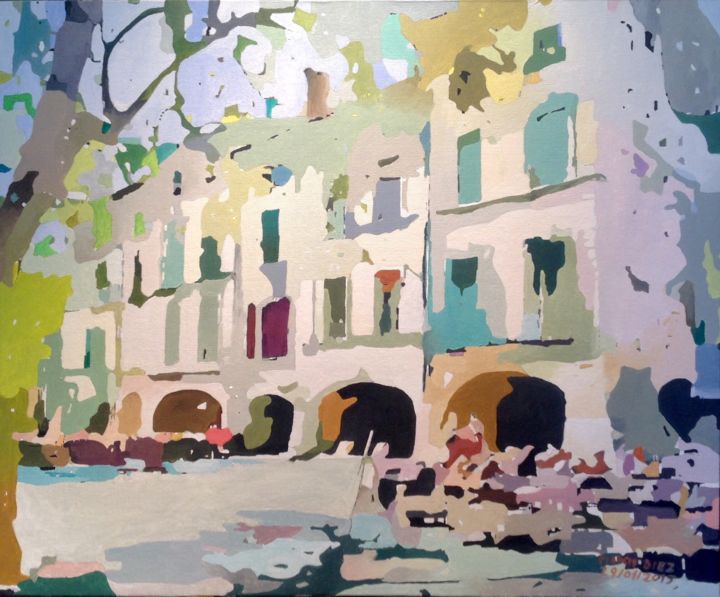 Painting titled "La place aux herbes…" by Francis Diez, Original Artwork, Oil Mounted on Cardboard