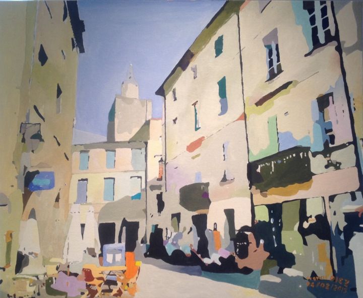 Painting titled ""La Place  Dampmart…" by Francis Diez, Original Artwork, Oil Mounted on Cardboard
