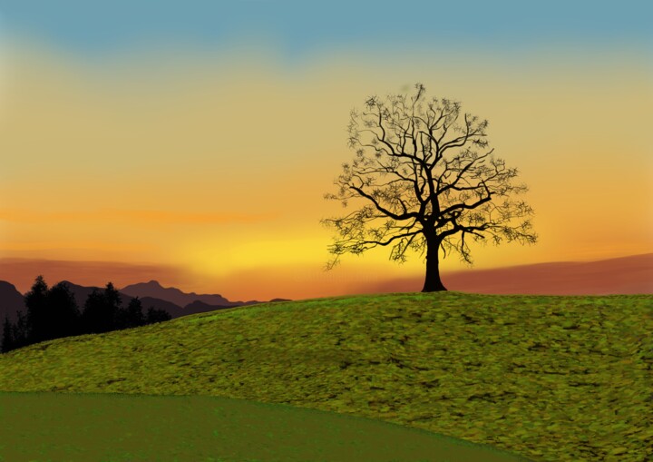 Digitale Kunst getiteld "Landschap tree" door Digitalartforyou, Origineel Kunstwerk, Digitaal Schilderwerk