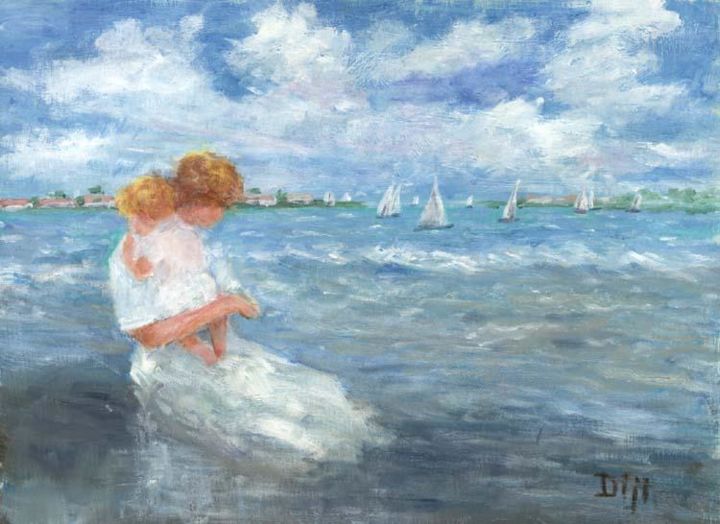 Painting titled "A Quiet Beach" by Diji Scales, Original Art, Oil