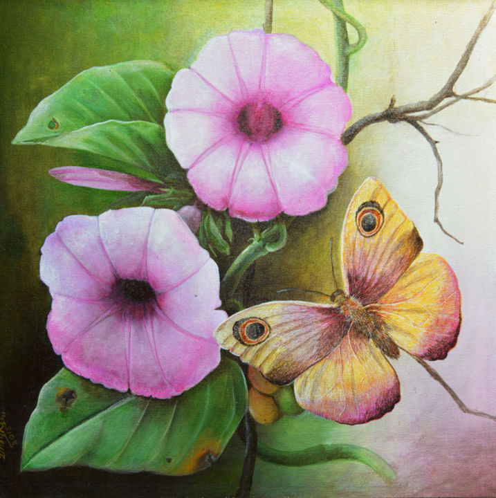 Malerei mit dem Titel "Pretty Petunias" von Dilrukshi Chandrika, Original-Kunstwerk, Acryl Auf Keilrahmen aus Holz montiert