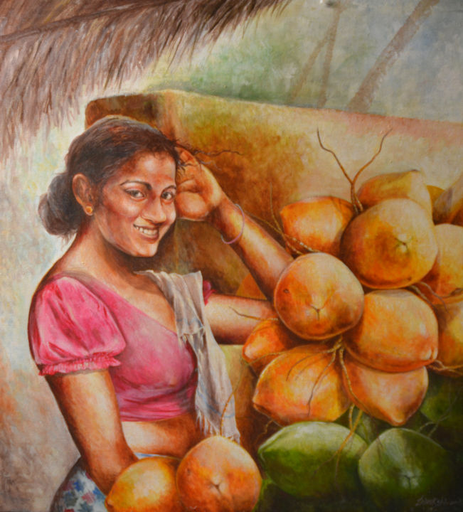 Pintura titulada "Secret to her Smile" por Dilrukshi Chandrika, Obra de arte original, Acrílico Montado en Bastidor de camil…