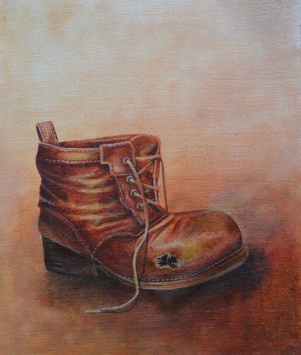Painting titled "Dad’s old Boot" by Dilrukshi Chandrika, Original Artwork, Acrylic Mounted on Wood Stretcher frame