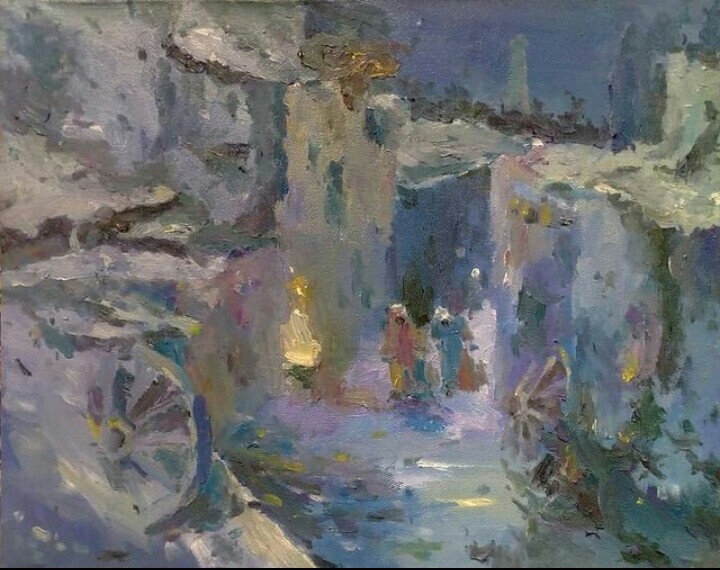 Картина под названием "Старый город на ночь" - Dilshod Khudayorov, Подлинное произведение искусства, Масло Установлен на Дер…