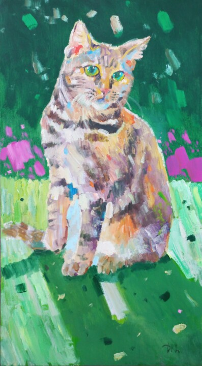 Schilderij getiteld "FAVORITE CAT" door Dilshod Khudayorov, Origineel Kunstwerk, Olie Gemonteerd op Frame voor houten branca…