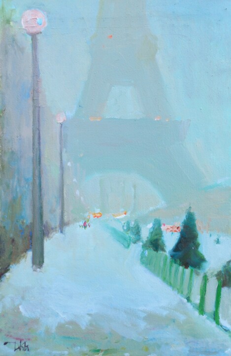 Ζωγραφική με τίτλο "Winter in Paris" από Dilshod Khudayorov, Αυθεντικά έργα τέχνης, Λάδι Τοποθετήθηκε στο Ξύλινο φορείο σκελ…