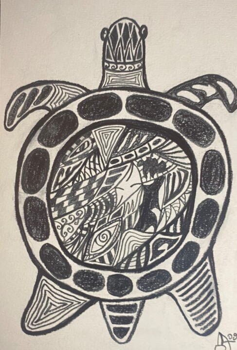 Drawing titled "Une petite tortue" by Dima An, Original Artwork, Graphite