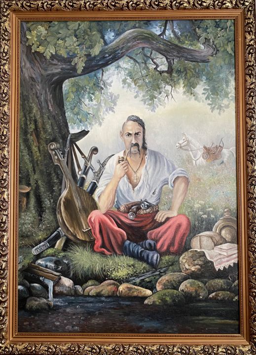 Painting titled "Kozak-Kharakternyk" by Dima Ruzhitskii, Original Artwork, Oil Mounted on Other rigid panel