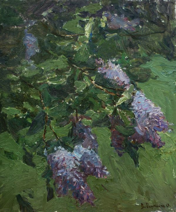 Schilderij getiteld "a branch of lilac" door Dmitriy Permiakov, Origineel Kunstwerk, Olie
