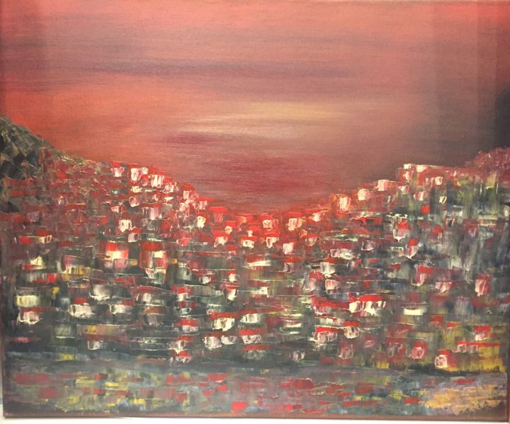 Peinture intitulée "Red village" par Olga Dimitsa, Œuvre d'art originale, Huile