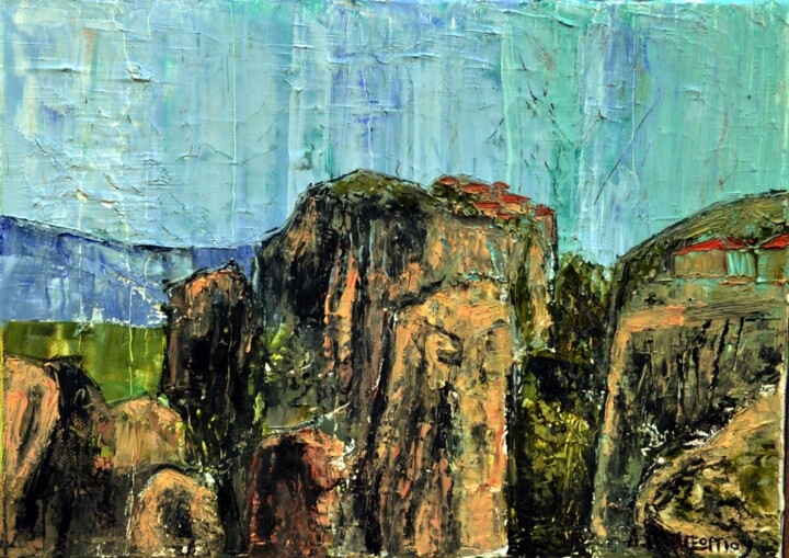 Painting titled "Meteora View 1" by Dimitra Papageorgiou, Original Artwork, Oil