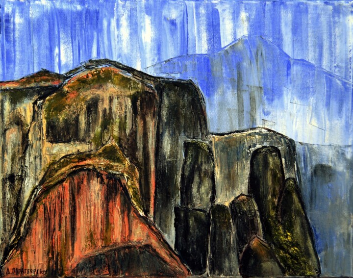 Painting titled "Meteora Landscape 2" by Dimitra Papageorgiou, Original Artwork, Oil