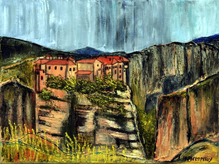 Schilderij getiteld "Meteora Varlaam Mon…" door Dimitra Papageorgiou, Origineel Kunstwerk, Olie