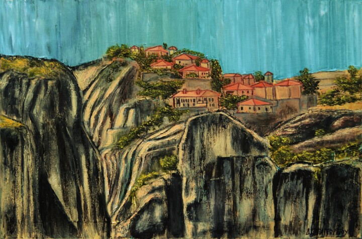 Schilderij getiteld "Meteora Monastery" door Dimitra Papageorgiou, Origineel Kunstwerk, Olie