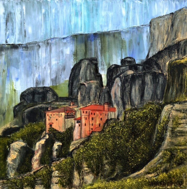 Malerei mit dem Titel "Meteora Roussanou M…" von Dimitra Papageorgiou, Original-Kunstwerk, Öl