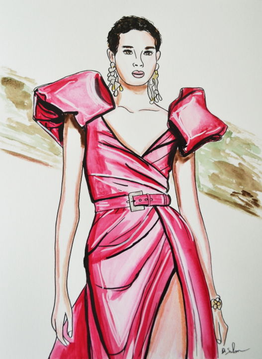 Drawing titled "Robe Élie Saab, hau…" by Dimitri Salon, Original Artwork, Ink