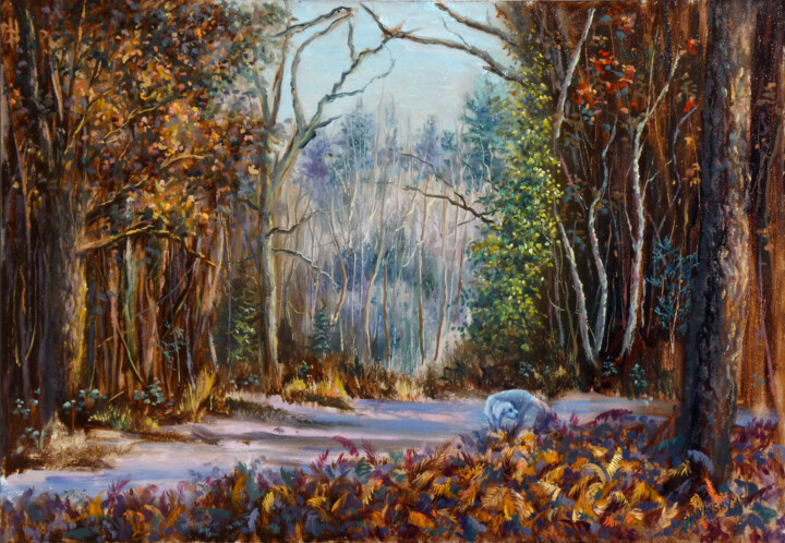 Peinture intitulée "Chien dans les bois" par Dimitri Sinyavsky, Œuvre d'art originale, Huile