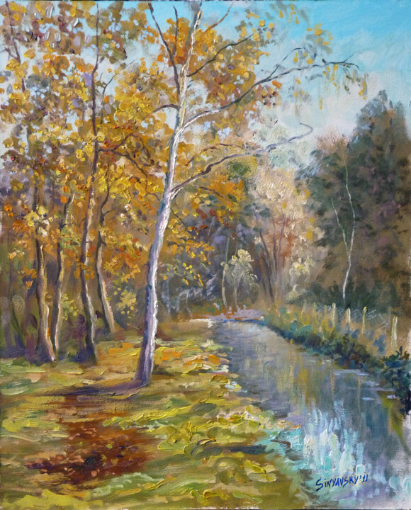 Peinture intitulée "Canal et bouleau" par Dimitri Sinyavsky, Œuvre d'art originale, Huile