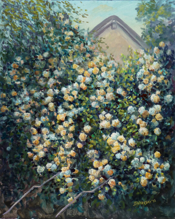 Schilderij getiteld "Le mur aux roses" door Dimitri Sinyavsky, Origineel Kunstwerk, Olie