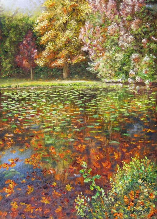 Pintura intitulada "feuilles-tombantes.…" por Dimitri Sinyavsky, Obras de arte originais