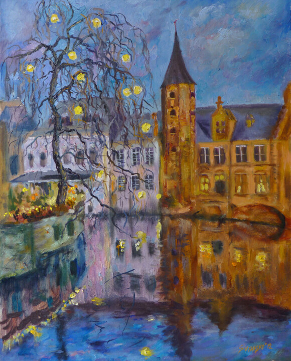 Peinture intitulée "Soir à Bruges" par Dimitri Sinyavsky, Œuvre d'art originale, Huile
