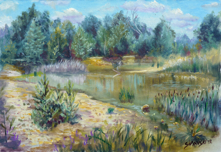 Peinture intitulée "L'étang forestier" par Dimitri Sinyavsky, Œuvre d'art originale, Huile
