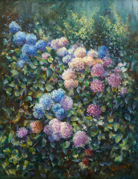 Peinture intitulée "Hortensias du jardi…" par Dimitri Sinyavsky, Œuvre d'art originale, Huile