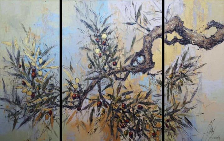 Malerei mit dem Titel "Olive-gold triptych" von Dimitris Apazidis, Original-Kunstwerk, Öl