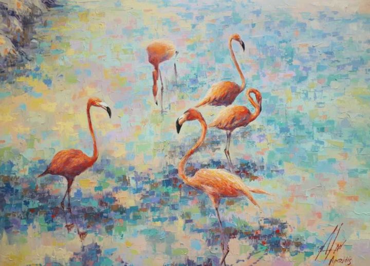 Pittura intitolato "Flamingos" da Dimitris Apazidis, Opera d'arte originale, Olio