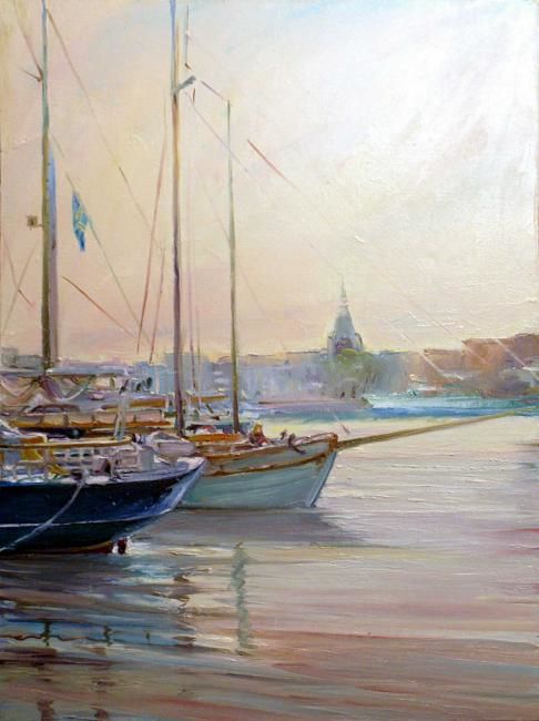 Schilderij getiteld "Yacht Club in Stock…" door Dimitri Zukov Art Of Color, Origineel Kunstwerk, Olie