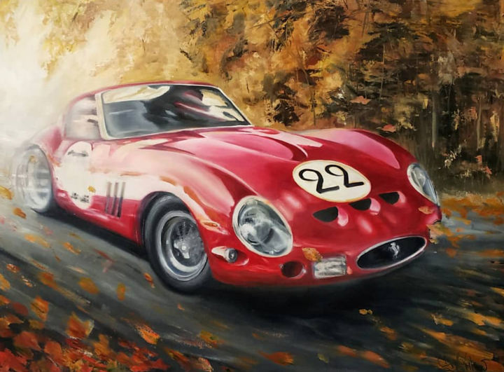 Painting titled "Ferrari 250 GTO" by Shishkov, Original Artwork, Oil Mounted on Wood Stretcher frame