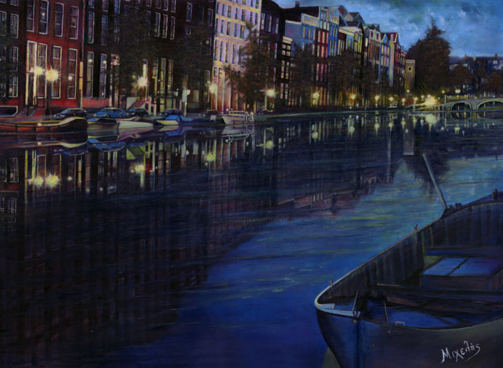 Painting titled "Night reflections" by Dimitrios Michelis, Original Artwork, Oil