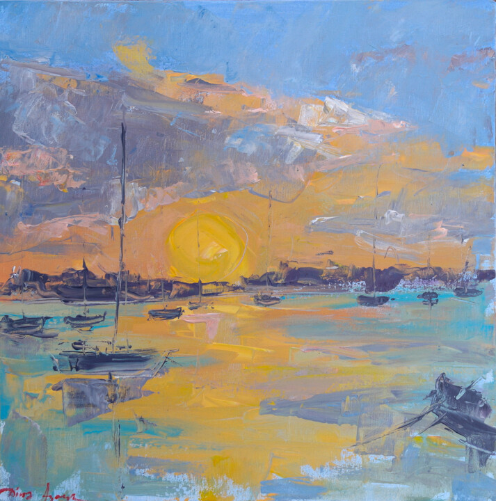Painting titled "Sunset anchorage in…" by Dina Aseeva, Original Artwork, Acrylic