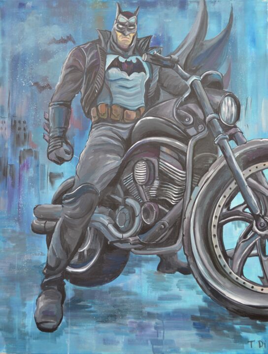 Painting titled "Batman" by Dina Telesheva, Original Artwork, Acrylic Mounted on Wood Stretcher frame