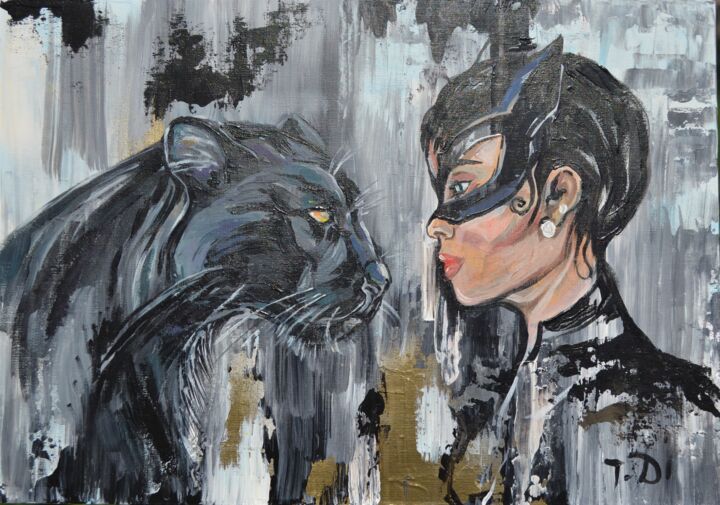Painting titled "panther and catwoman" by Dina Telesheva, Original Artwork, Acrylic Mounted on Cardboard